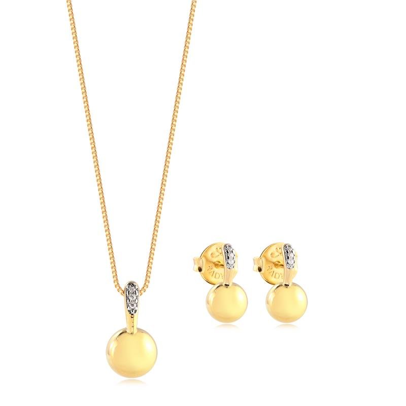 Conjunto Esfera Lisa Base Cravejada Folheado A Ouro