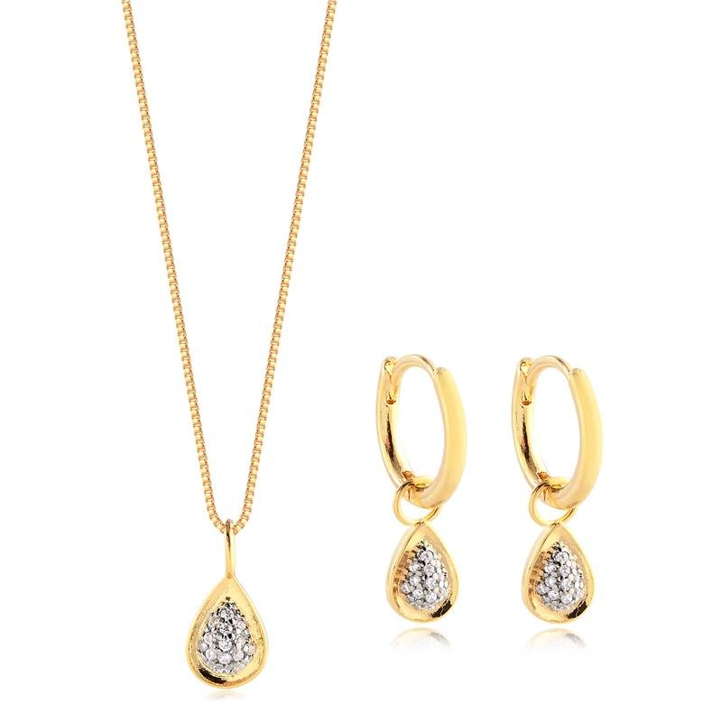 Conjunto Gotinha Miolo Cravejado Folheado A Ouro