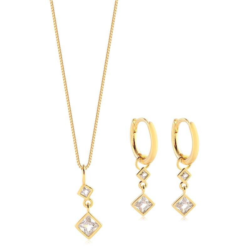 Conjunto Quadradinho Pedra Carrê Cristal Folheado A Ouro