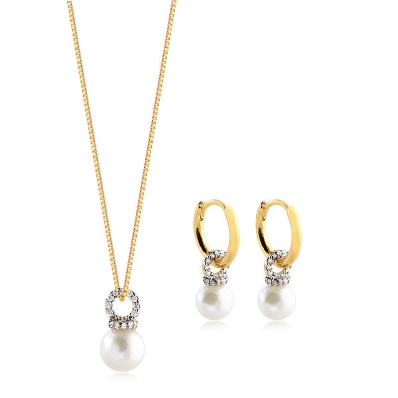 Conjunto Acessório Cravejado Pérola Folheado A Ouro