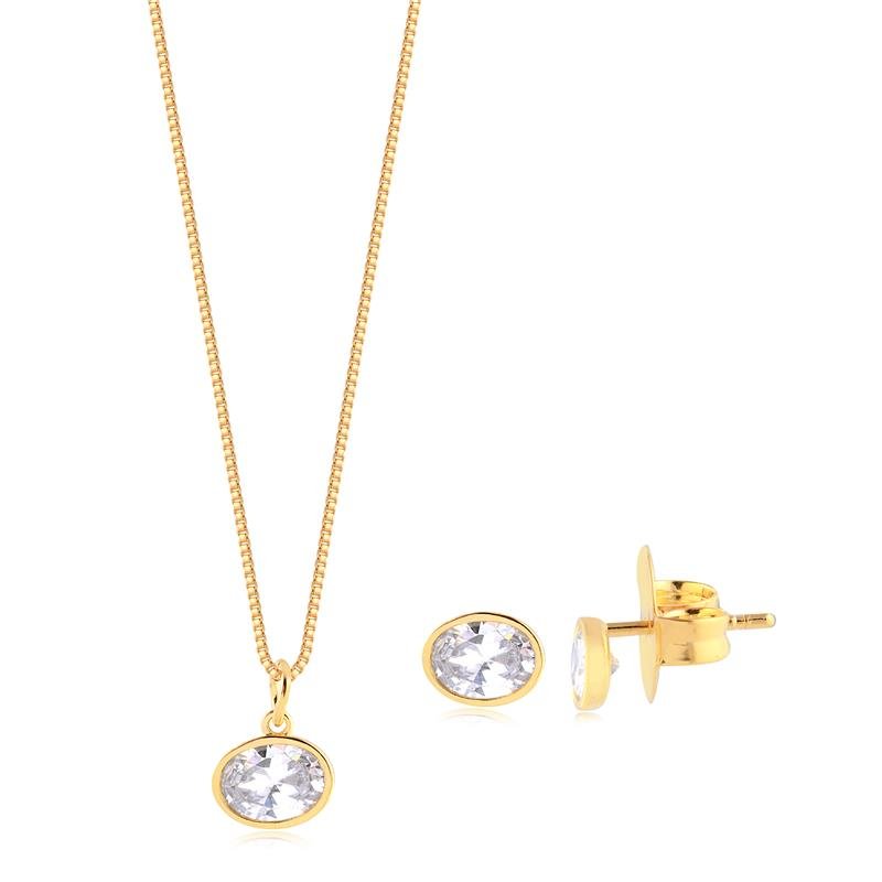 Conjunto Oval Pedra Cristal Folheado A Ouro