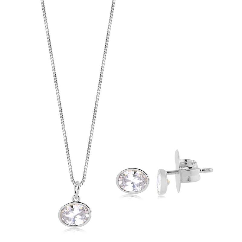 Conjunto Oval Pedra Cristal Folheado A Ródio