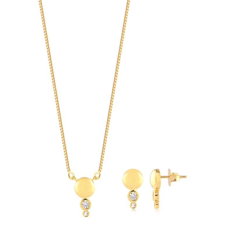 Conjunto Bolinha Lisa Zircônias Folheado A Ouro