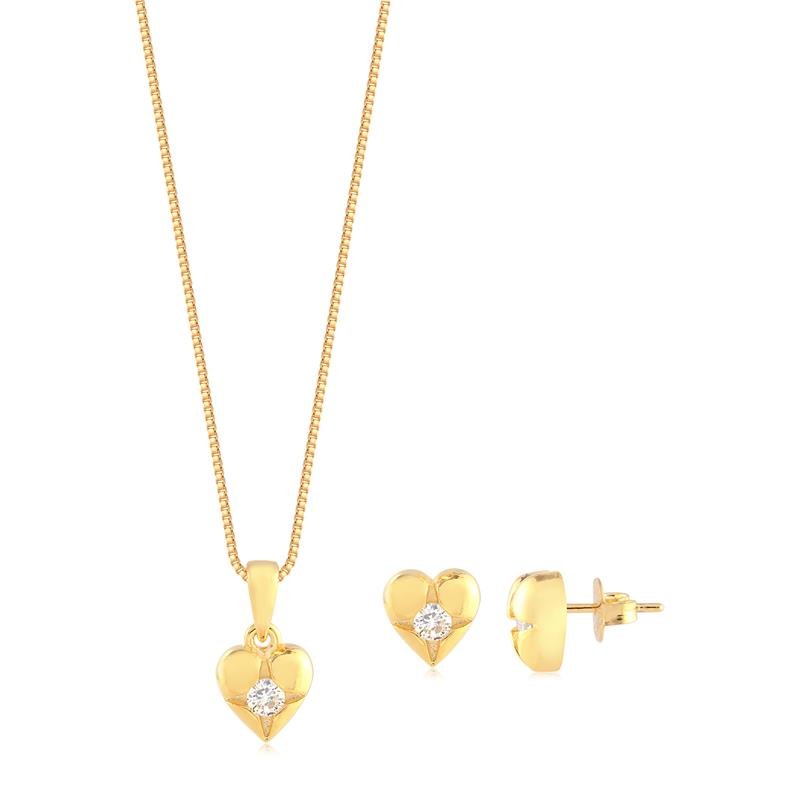 Conjunto Coração Pequeno Liso Pedra Cristal Folheado A Ouro