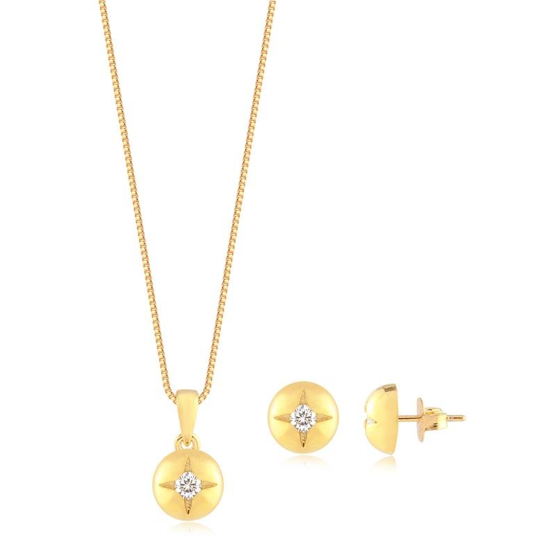 Conjunto Redondo Pequeno Liso Pedra Cristal Folheado A Ouro