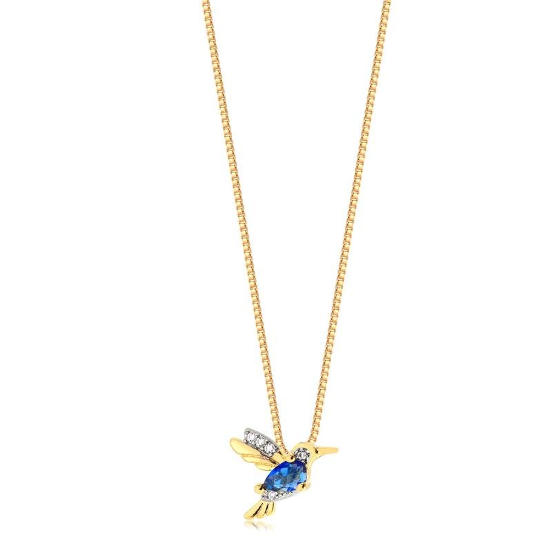 CONJUNTO BEIJA-FLOR COM PEDRA SAFIRA FOLHEADO A OURO