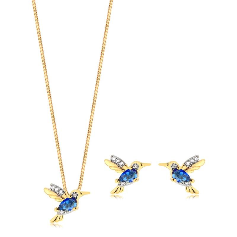 CONJUNTO BEIJA-FLOR COM PEDRA SAFIRA FOLHEADO A OURO