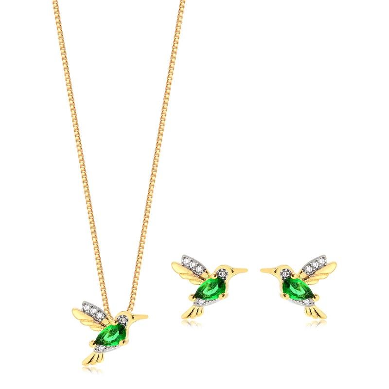 CONJUNTO BEIJA-FLOR COM PEDRA ESMERALDA FOLHEADO A OURO