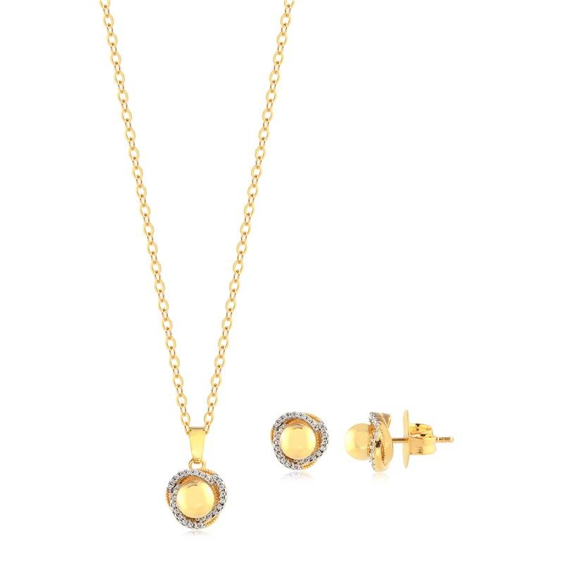 CONJUNTO BOLINHA COM CRAVEJADO DE PEDRAS DE ZIRCONIAS AO REDOR FOLHEADO A OURO