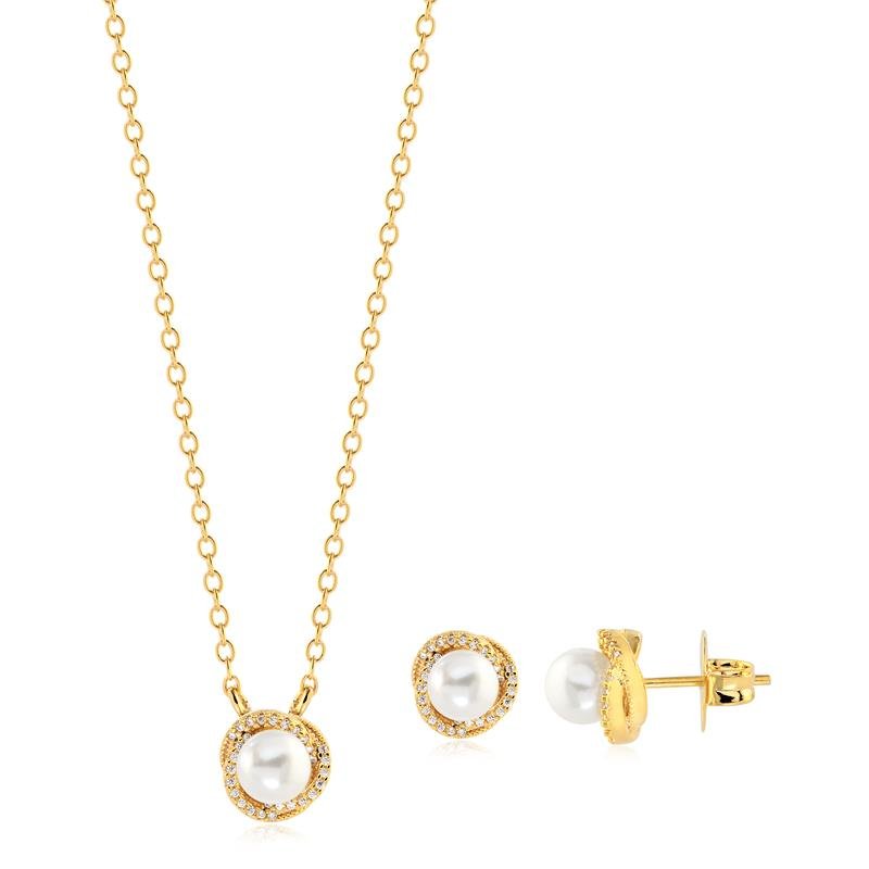 CONJUNTO PÉROLA CRAVEJADO DE PEDRAS DE ZIRCONIAS AO REDOR FOLHEADO A OURO