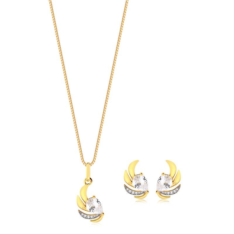 CONJUNTO GOTA COM PEDRAS DE ZIRCONIAS FOLHEADO A OURO