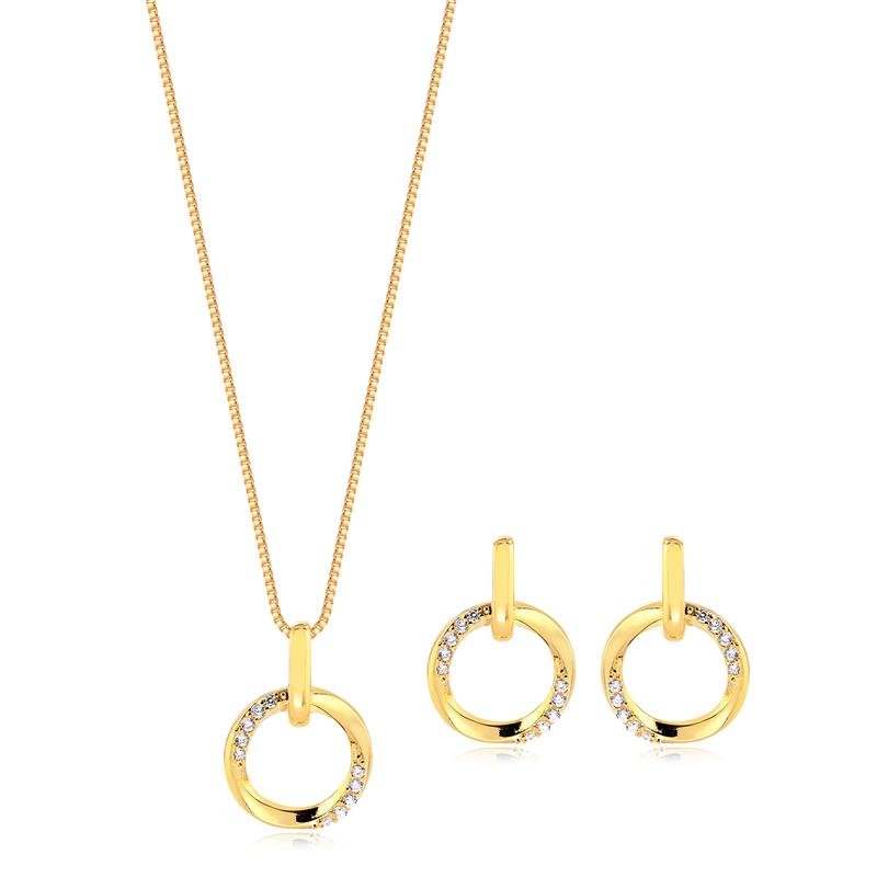 CONJUNTO CÍRCULO VAZADO COM PEDRAS DE ZIRCONIAS FOLHEADO A OURO