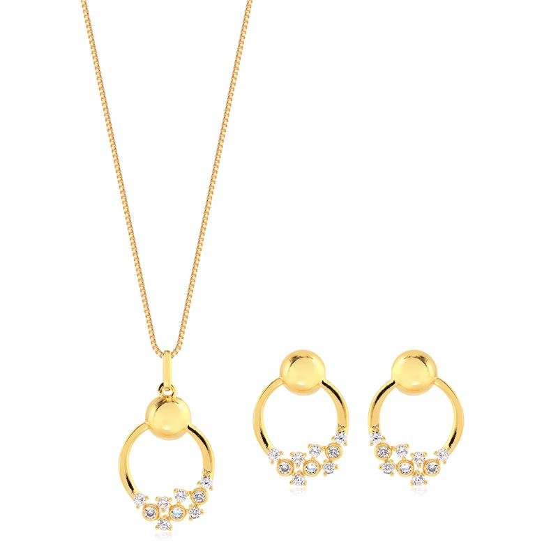 CONJUNTO CÍRCULO VAZADO COM PEDRAS DE ZIRCONIAS FOLHEADO A OURO