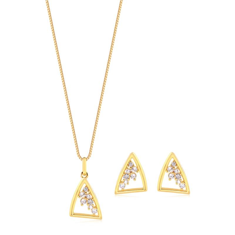 CONJUNTO TRIANGULAR COM PEDRAS DE ZIRCONIAS FOLHEADO A OURO