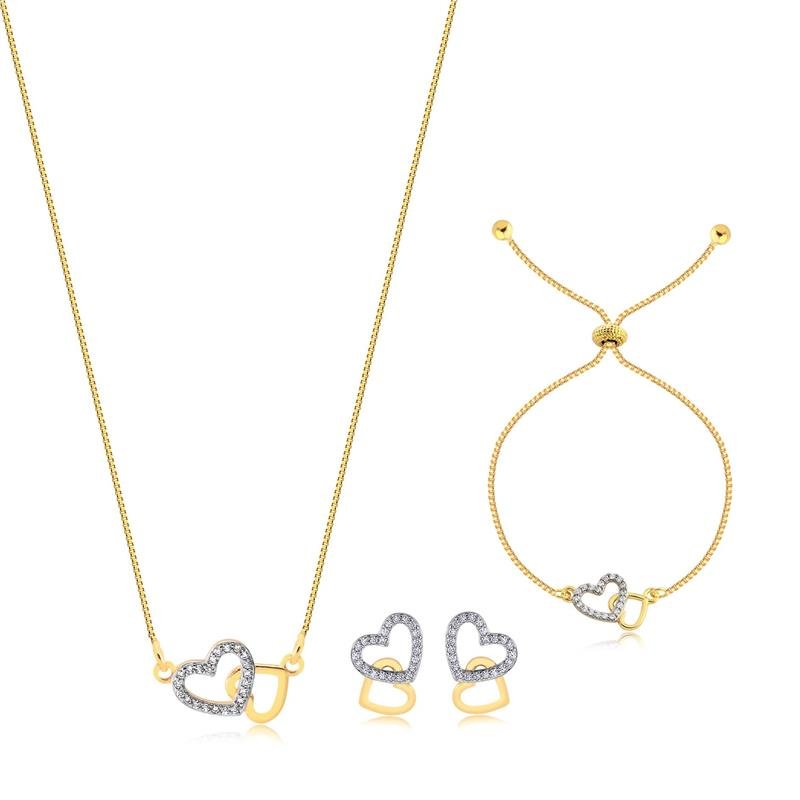Conjunto Kit Brinco Colar Pulseira Corações Folheado A Ouro