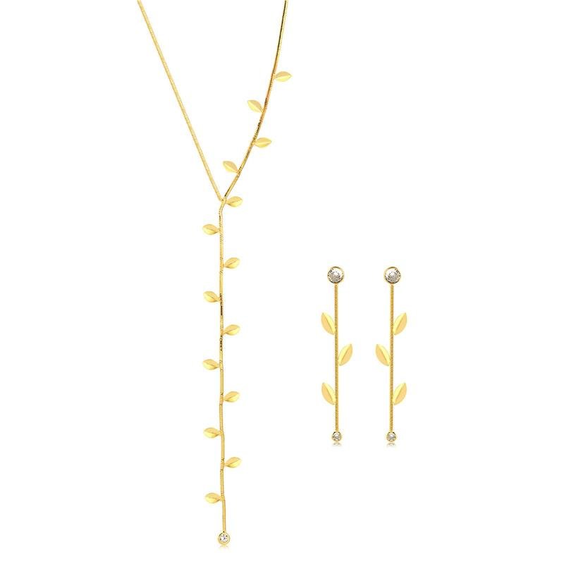 Conjunto Kit Folhas Com Pedras De Zircônia Folheado A Ouro