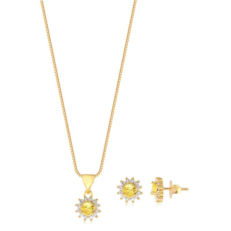 CONJUNTO REDONDINHO COM PEDRAS DE ZIRCONIAS CRISTAL E CITRINO FOLHEADO A OURO