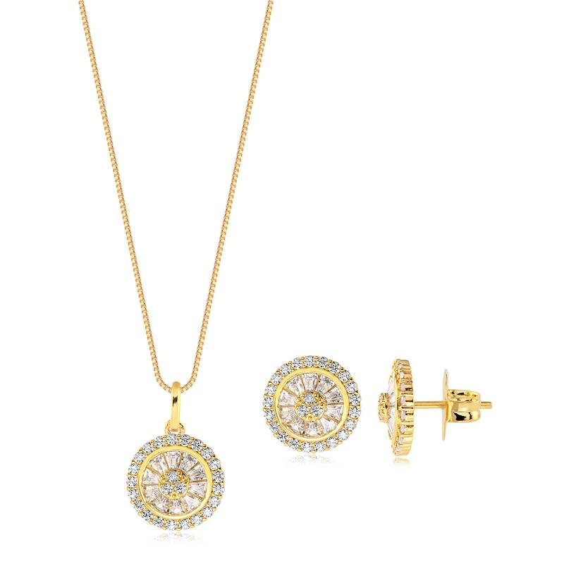CONJUNTO ESTILO PIZZA COM PEDRAS DE ZIRCONIAS FOLHEADO A OURO