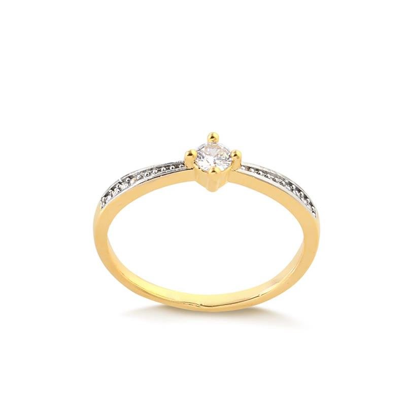 ANEL SOLITÁRIO COM DETALHE E PEDRA CRISTAL FOLHEADO A OURO