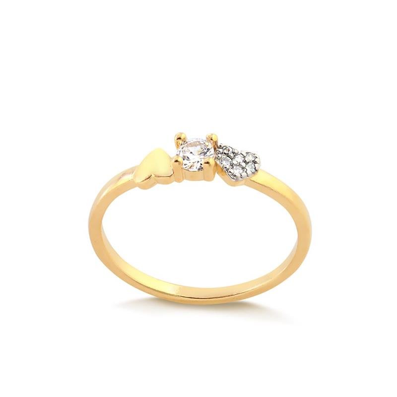 ANEL SOLITÁRIO DOIS CORAÇÕES E PEDRA CRISTAL FOLHEADO A OURO