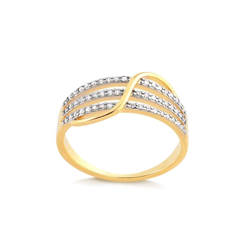 Anel Três Filetes Cravejados E Liso Transpassado Folheado A 