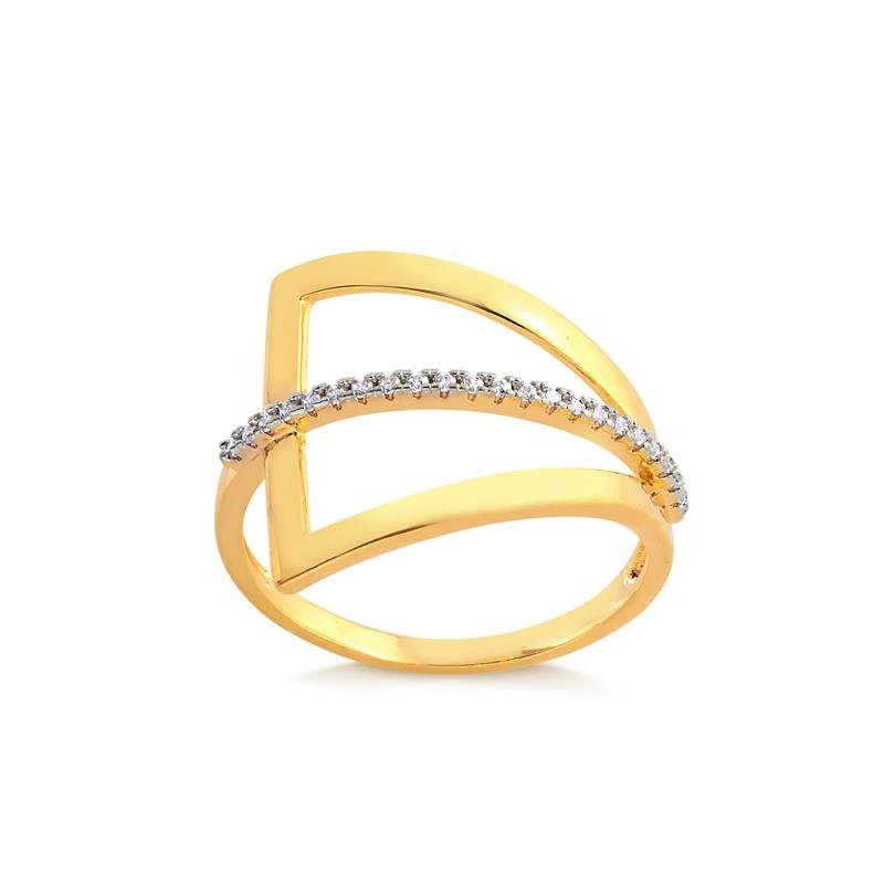 Anel Estilizado Vazado Com Filete Cravejado Folheado A Ouro