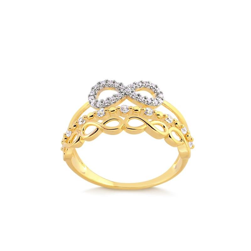 ANEL SÍMBOLO INIFINITO CRAVEJADO, COM FILETE DE INFINITOS LISOS E FILETE DE ZIRCÔNIAS NO MEIO FOLHEADO A OURO