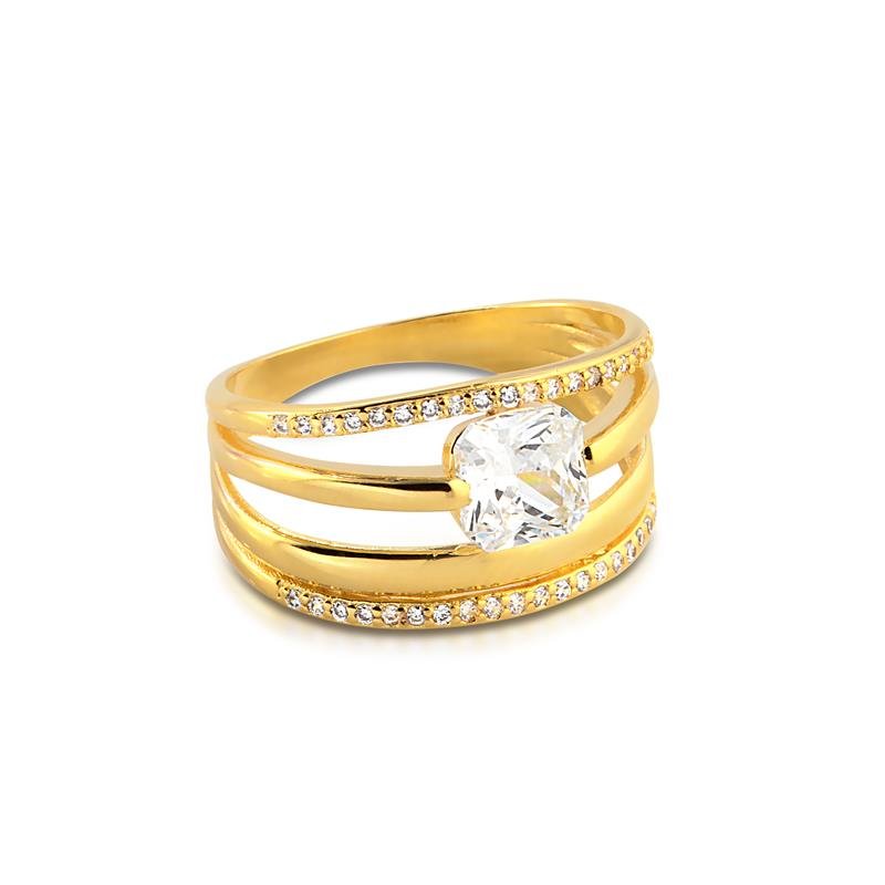 ANEL SOLITÁRIO COM APARADOR PEDRAS DE ZIRCONIAS FOLHEADO A OURO