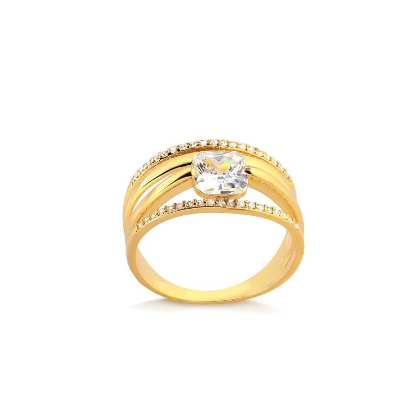 ANEL SOLITÁRIO COM APARADOR PEDRAS DE ZIRCONIAS FOLHEADO A OURO