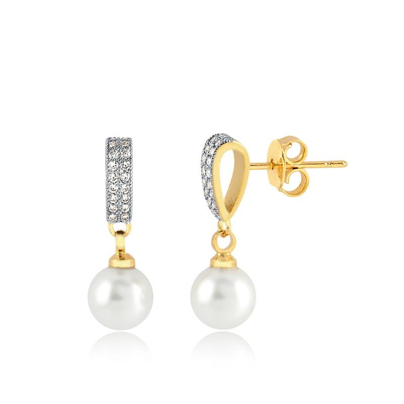 BRINCO DE ZIRCONIAS CRISTAL COM PÉROLA SHELL 7MM FOLHEADO A OURO
