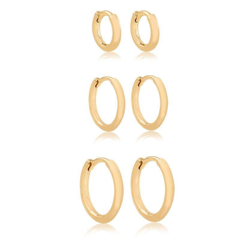TRIO DE BRINCOS DE CLIC LISO ESTREITO FOLHEADO A OURO