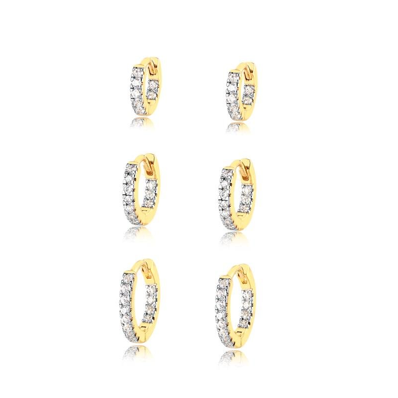 TRIO DE BRINCOS ARGOLA CLICK COM FILETE DE ZIRCÔNIAS CRISTAL FOLHEADO A OURO