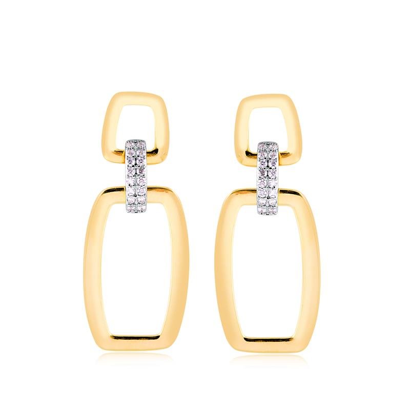 BRINCO RETANGULAR DUAS PARTES ARTICULADO COM PRESSILHA CRAVEJADA DE PED DE ZIRCONIA FOLHEADO A OURO