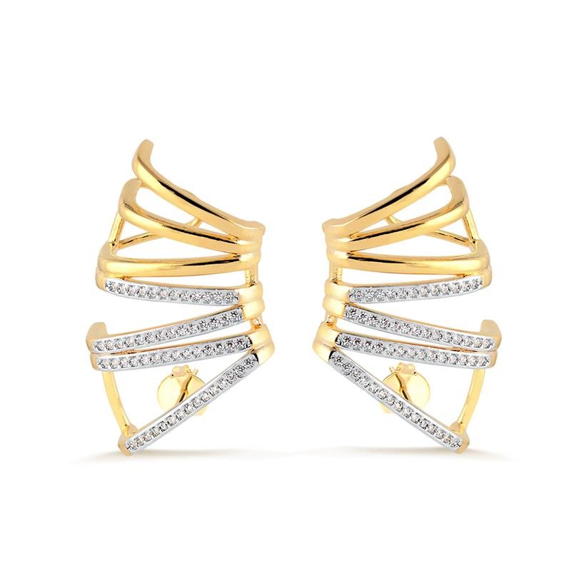 BRINCO EAR CUFF TRIANGULOS LISOS E CRAVEJADOS COM PEDRAS CRISTAL FOLHEADO A OURO