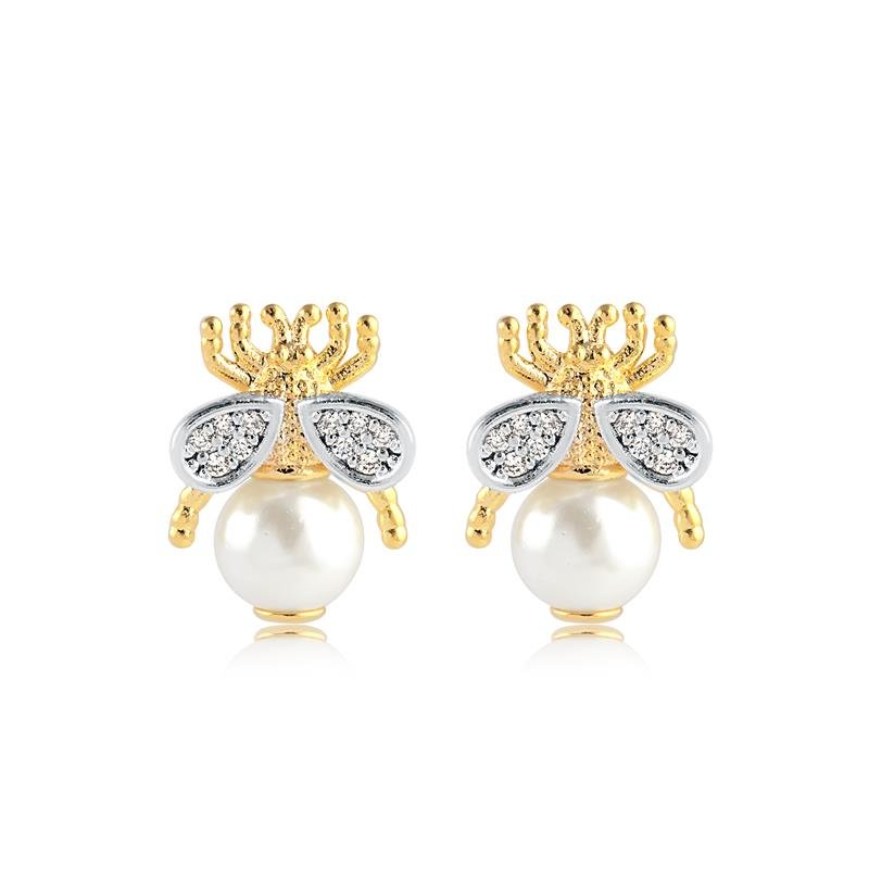 Brinco Abelha Cravejada Com Pérola Folheado A Ouro