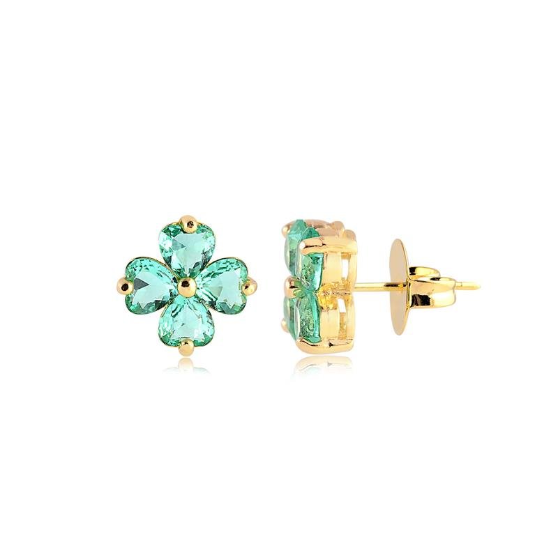 BRINCO FLOR COM PEDRA TURMALINA FOLHEADO A OURO