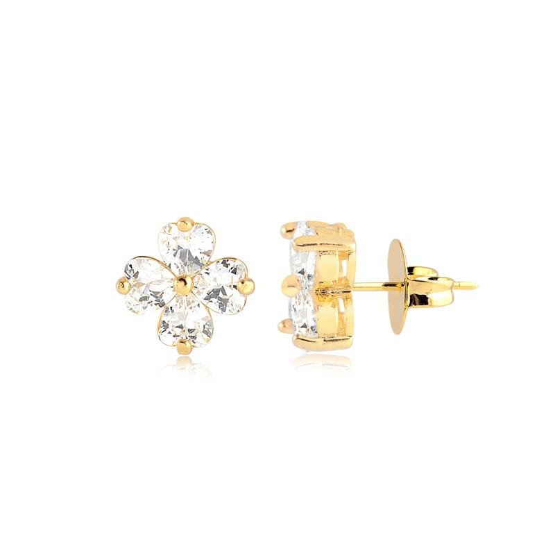 BRINCO FLOR COM PEDRA CRISTAL FOLHEADO A OURO