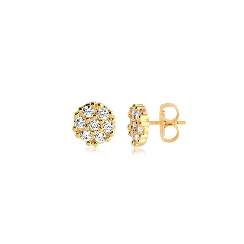 BRINCO FLOR REDONDA COM PEDRAS CRISTAL FOLHEADO A OURO