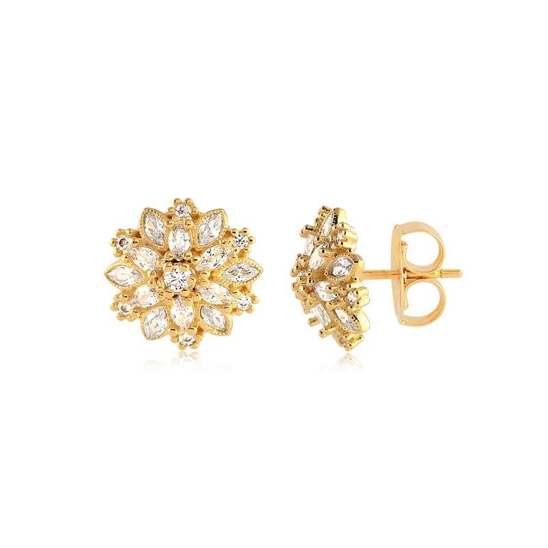 BRINCO FLOR CRAVEJADA ZIRCÔNIAS CRISTAL FOLHEADO A OURO 