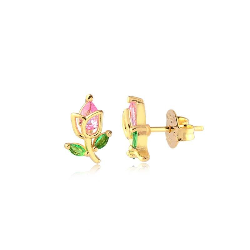 BRINCO MINI GALHO COM FLOR E PEDRAS COLORIDAS FOLHEADO A OURO