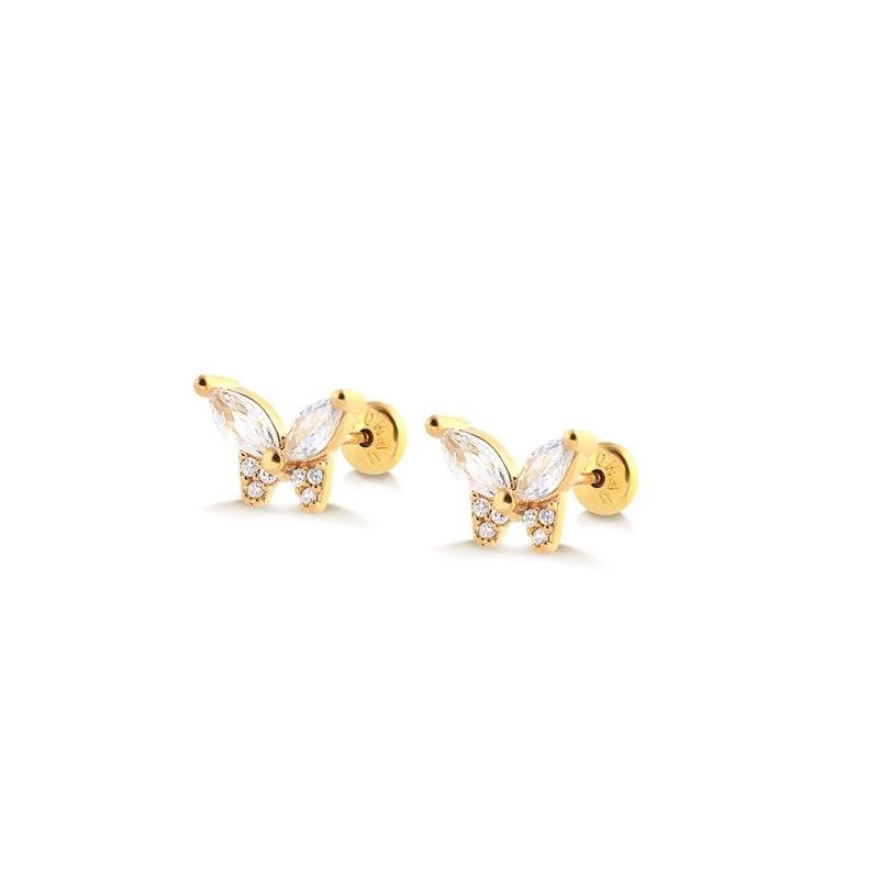 BRINCO BORBOLETA COM PINO BABY E ZIRCÔNIAS CRISTAL FOLHEADO A OURO