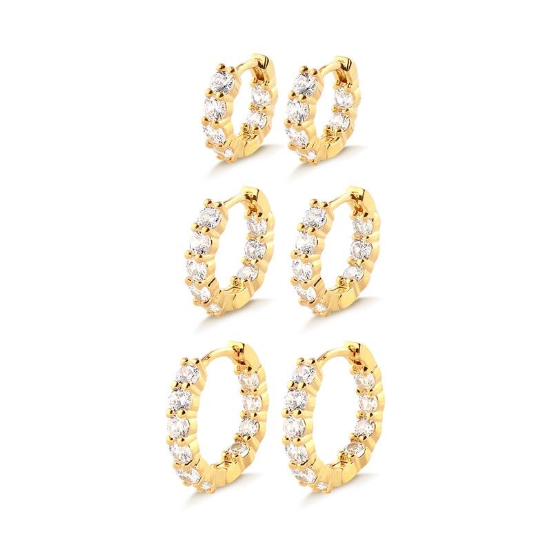 Trio De Brincos Argola Click Cristal Folheado A Ouro