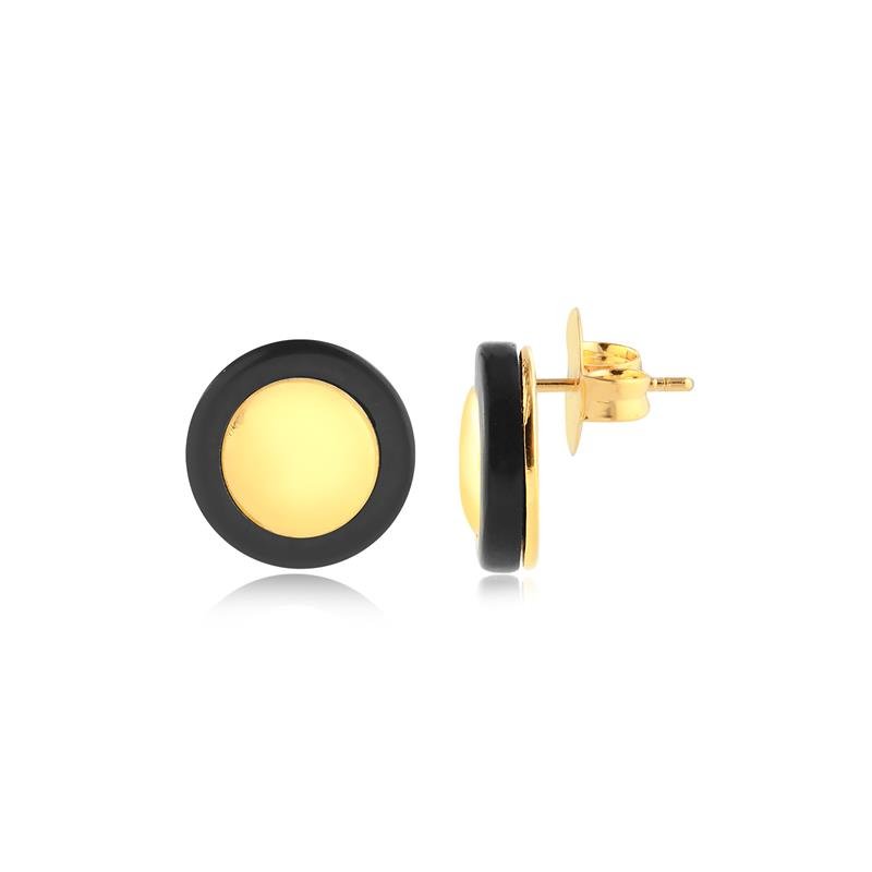 BRINCO BOTÃO COM MEIO LISO E ACRÍLICO PRETO FOLHEADO A OURO