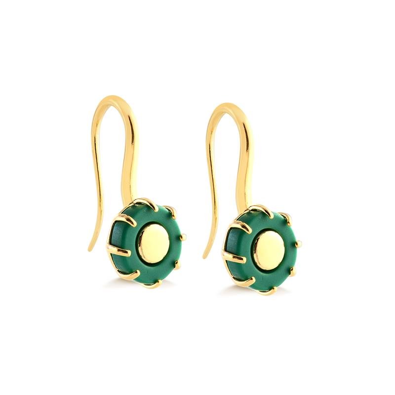 BRINCO GANCHO COM ACRÍLICO VERDE E MEIO LISO FOLHEADO A OURO