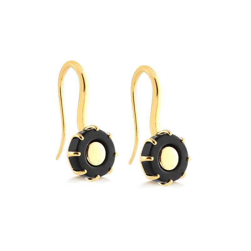 BRINCO GANCHO COM ACRÍLICO PRETO FOLHEADO A OURO