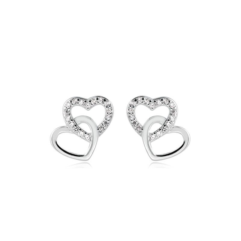 BRINCO DOIS CORAÇÕES COM PEDRAS DE ZIRCONIAS CRISTAL EM PRATA 925