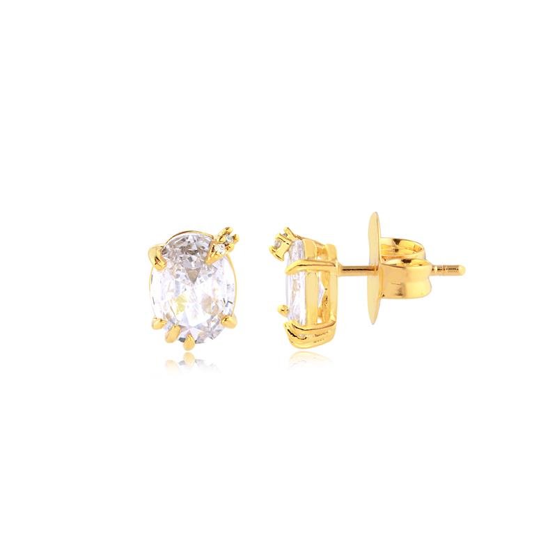 Brinco Oval Com Pedra Cristal Folheado A Ouro 18k