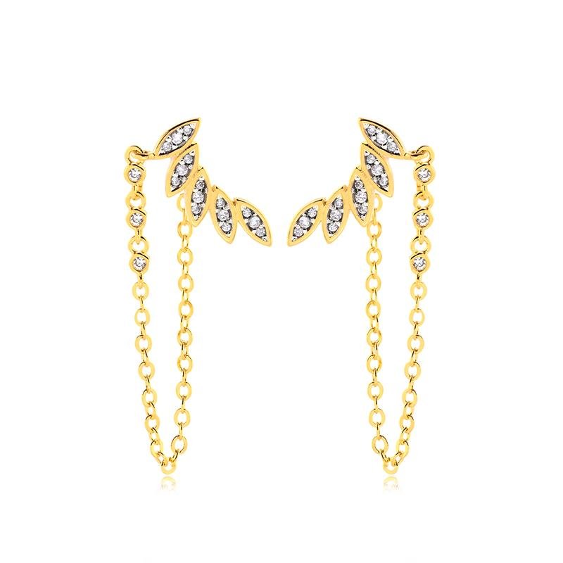 Brinco Cinco Folhas Com Corrente Folheado A Ouro 18k