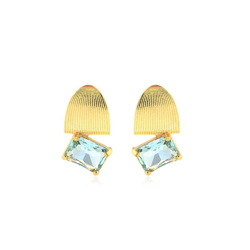 BRINCO RETANGULO COM PEDRA SINT AQUAMARINE FOLHEADO A OURO