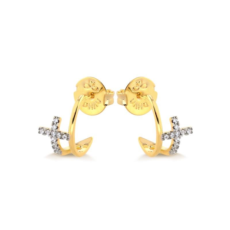BRINCO ARGOLINHA DUPLA COM CRUCIFIXO COM PEDRAS DE ZIRCONIAS FOLHEADA A OURO